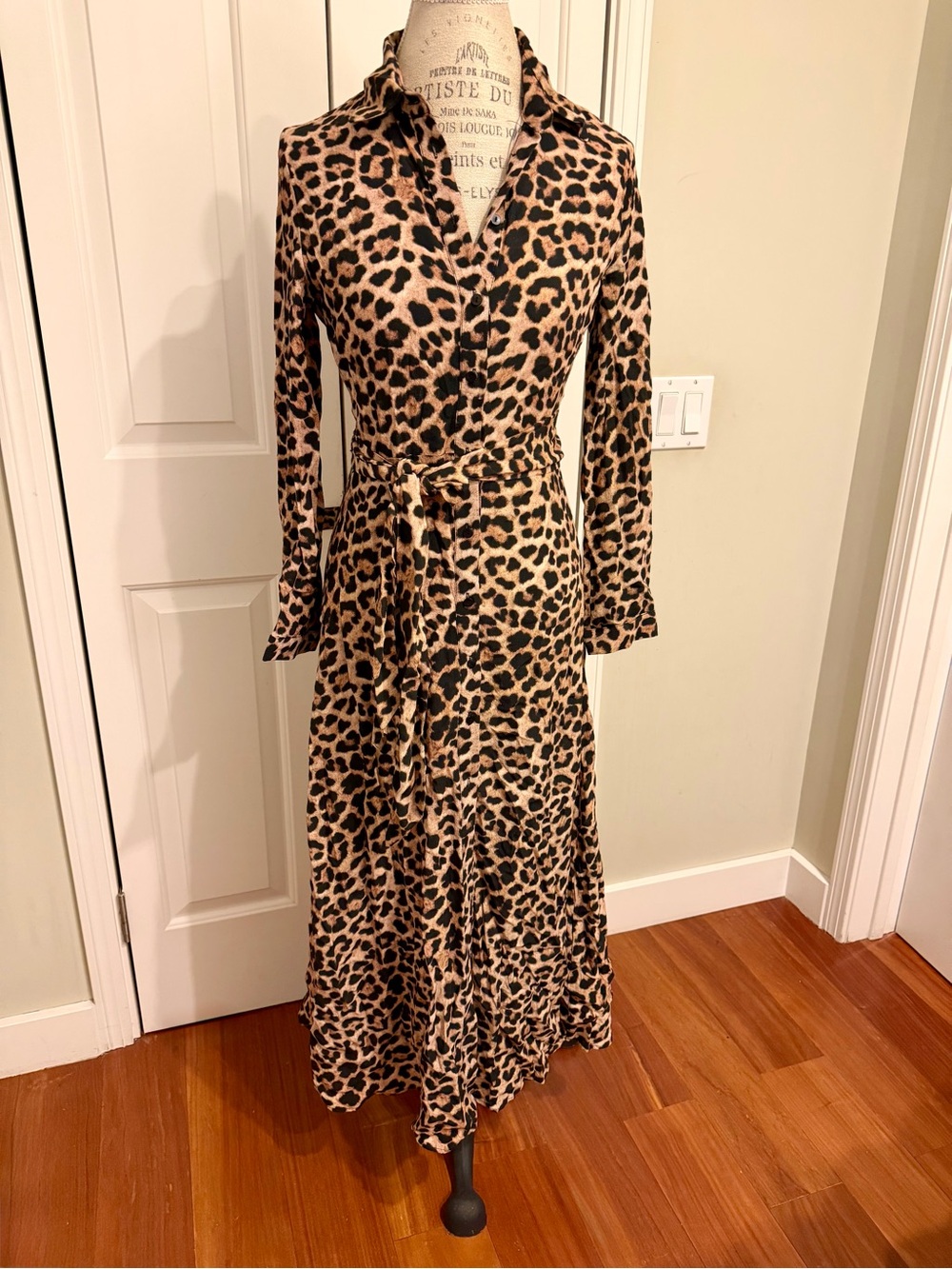 Zara Leopard-Print Long Sleeve Shirt Dress in Tan and Black
